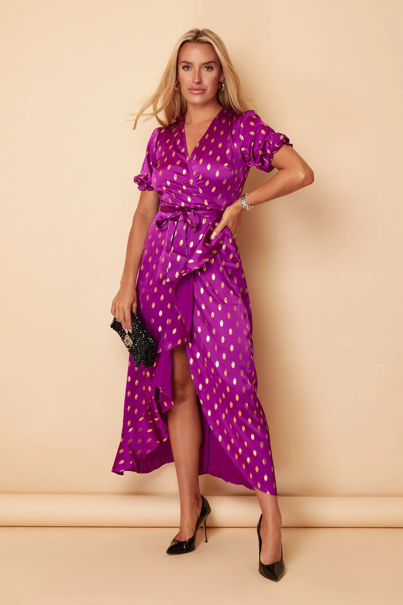 Floral print maxi dresses for summer garden partiesFiona Orchid Satin with Gold Foil Frill Hem Dress