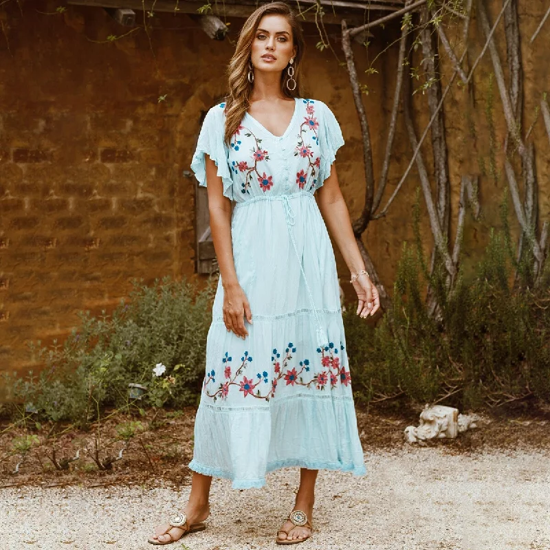 Maxi dresses with a gathered skirt for a voluminous and dramatic effectBerriesJam - Flower Blue Ruffle Godness Maxi Dress