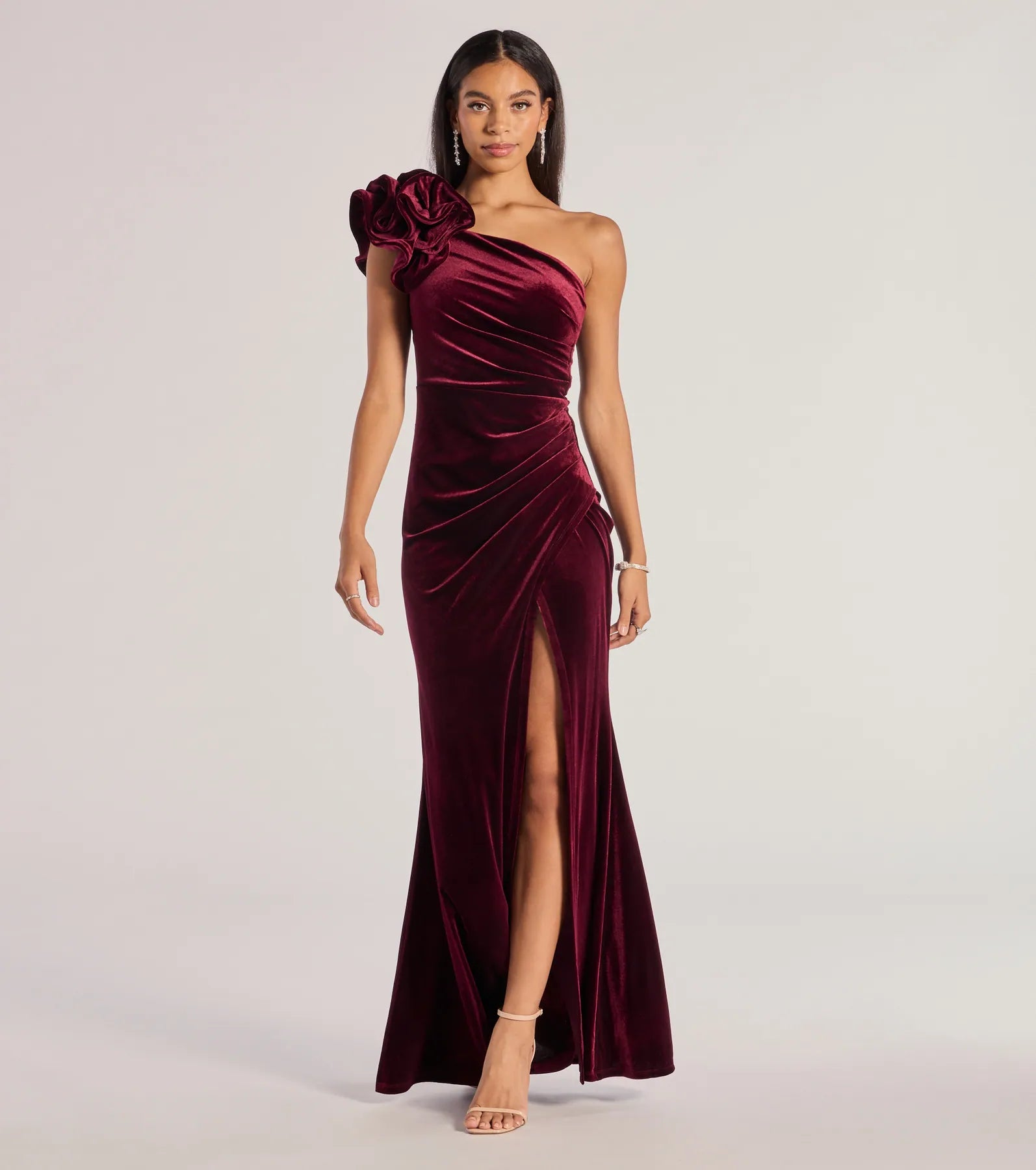Maxi dresses with one - shoulder designs for a stylish and asymmetric lookFreida Velvet Ruffled One-Shoulder Mermaid Dress