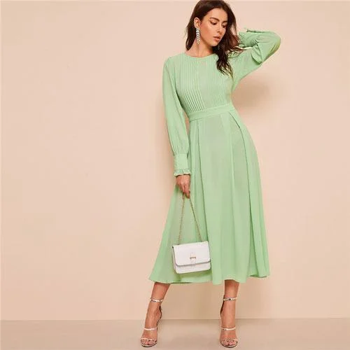 Satin maxi dresses with a high - low hem for a modern twistFashionSierra - Frilled Cuff Pleated Panel Fit And Flare Maxi Dress