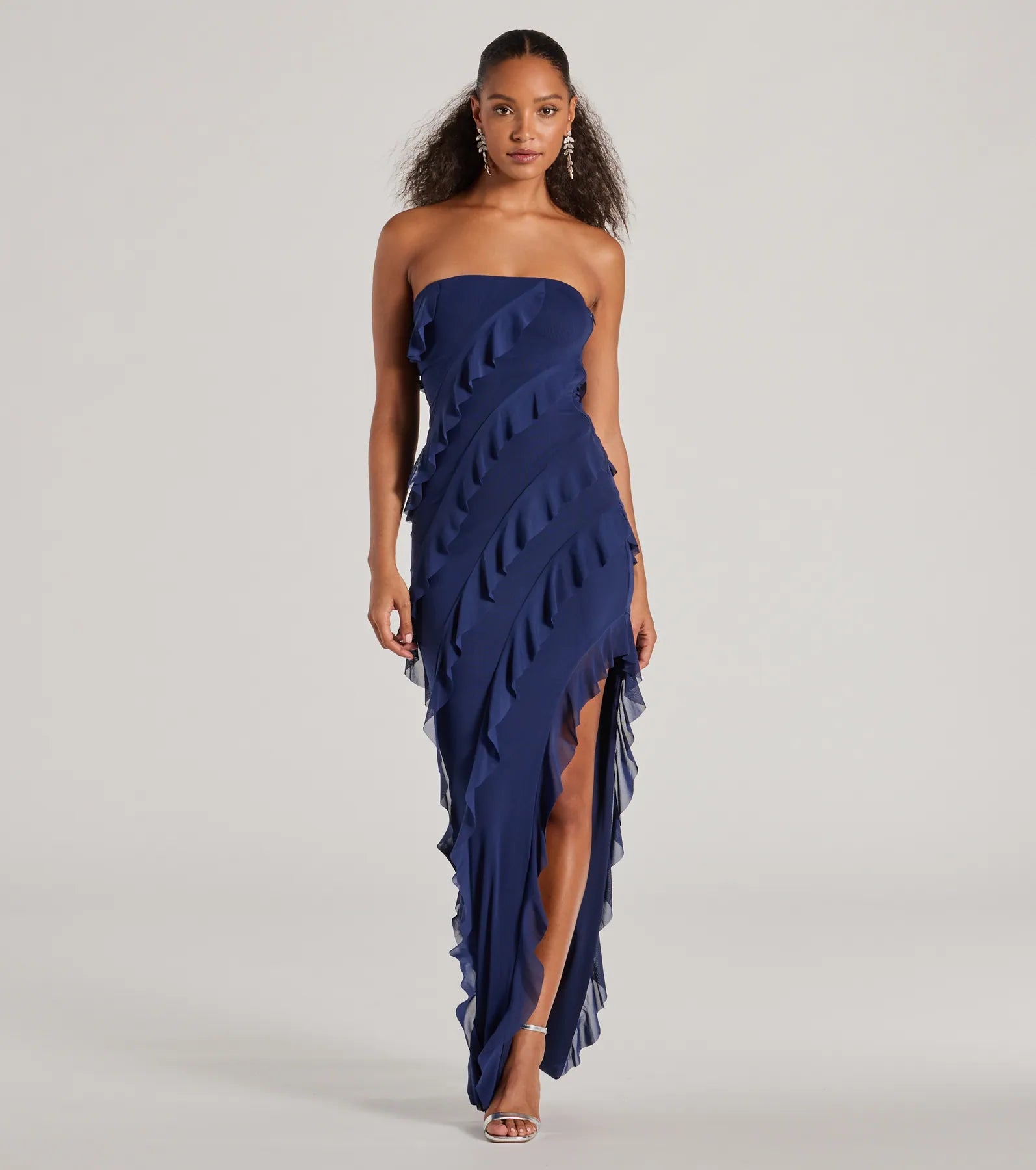 Maxi dresses with a belted empire waist for a more defined and flattering silhouetteGabby Formal Mesh Strapless Ruffle Long Dress