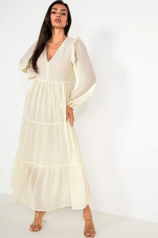 Ruffled maxi dresses with a tiered skirt for added volumeGertie Cream Chiffon Tiered Dress