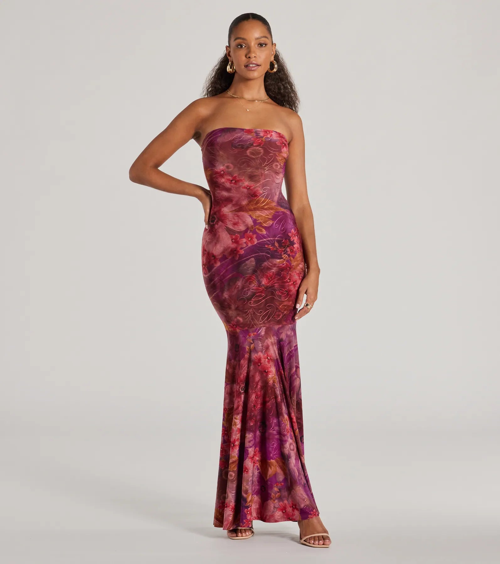 Maxi dresses with a button - down front for a classic lookGorgeous Aura Strapless Floral Tie-Dye Maxi Dress