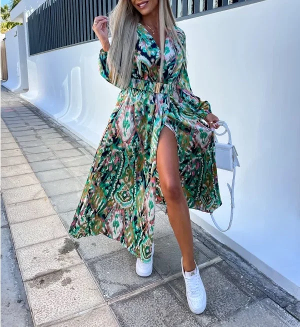 Maxi dresses with ribbed textures for a unique and tactile lookGracie Green Multi Aztec Print Belted Midaxi Dress
