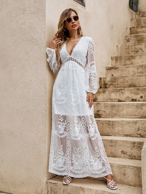 Velvet maxi dresses with long sleeves for winter weddingsBerriesJam - Greek Myth Lace Lantern Sleeve Maxi Dress