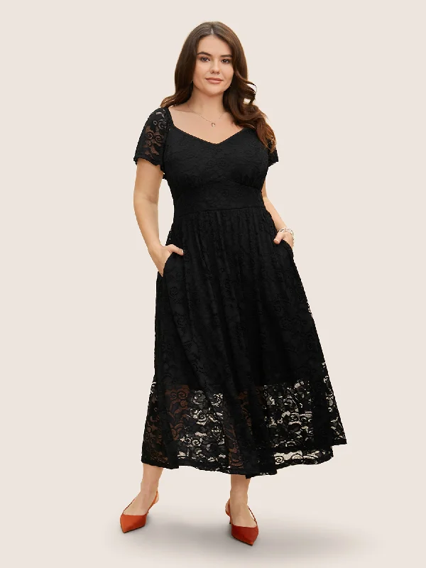 Metallic maxi dresses for a glamorous New Year's Eve partyHeart Neckline Crochet Lace Mesh Flutter Sleeve Dress