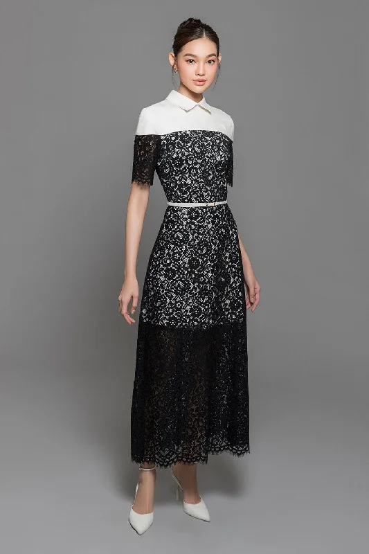 Cotton maxi dresses for a comfortable and everyday - wear optionIndigo A-line Collared Neck Cotton Lace Ankle Length Dress