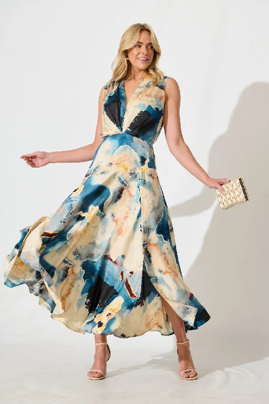 Metallic maxi dresses for a glamorous New Year's Eve partyJenibelle Maxi Dress in Blue And Cream Watercolour Satin