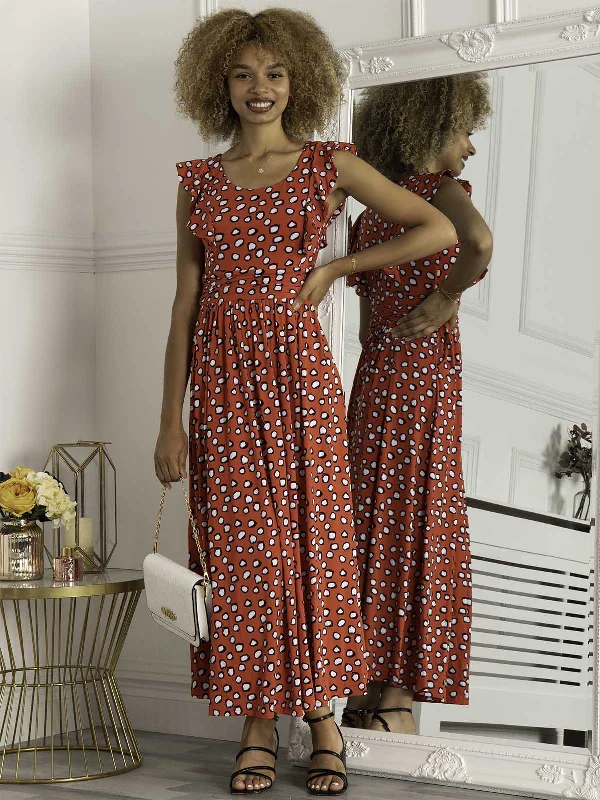 Maxi dresses with pom - pom trims for a playful and festive lookJolie Moi Adalena Frill Shoulder Maxi Dress, Red Spot