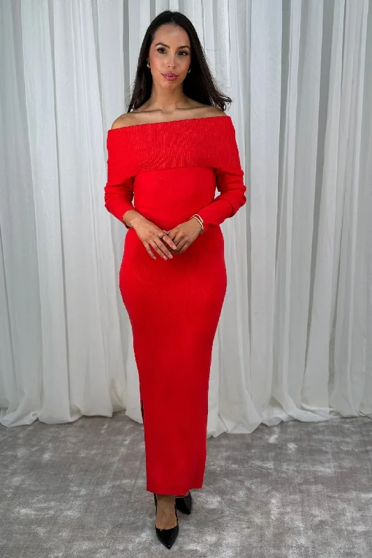 Plaid maxi dresses for fall fashion eventsKelly Bardot Knit Dress In Red