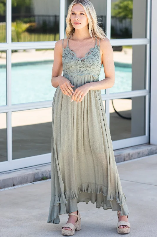 Maxi dresses with a paisley print for a classic and elegant styleLock Eyes Olive Green Crochet Maxi Dress