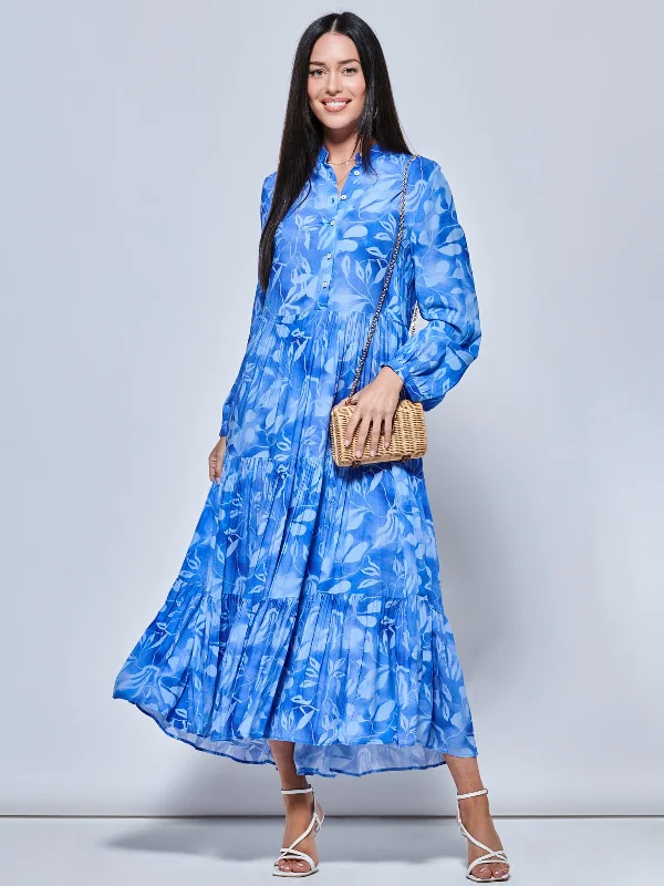 Maxi dresses with a pleated skirt for a timeless and elegant appearanceLong Sleeve Holiday Maxi Shirt Dress, Blue Abstract