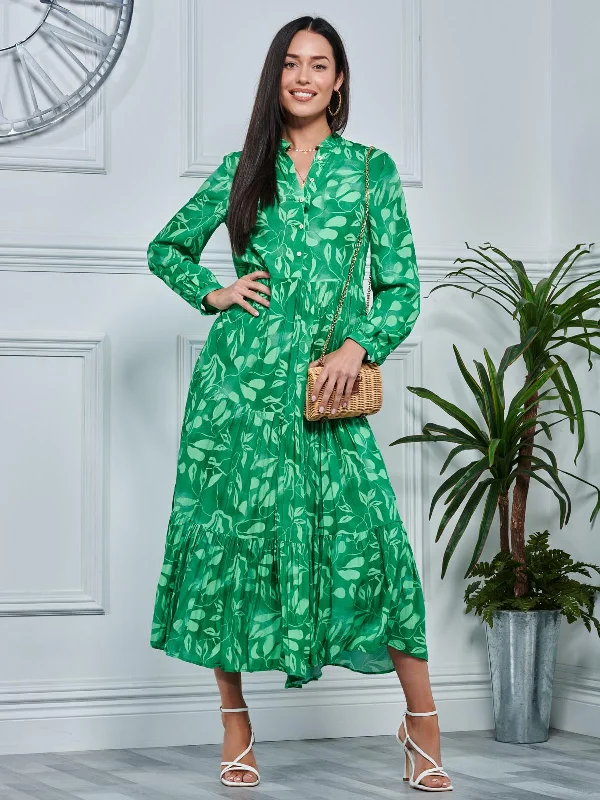 Maxi dresses with embroidered floral motifs for a unique designLong Sleeve Holiday Maxi Shirt Dress, Green Abstract Maxi dresses with embroidered floral motifs for a unique designLong Sleeve Holiday Maxi Shirt Dress, Green Abstract