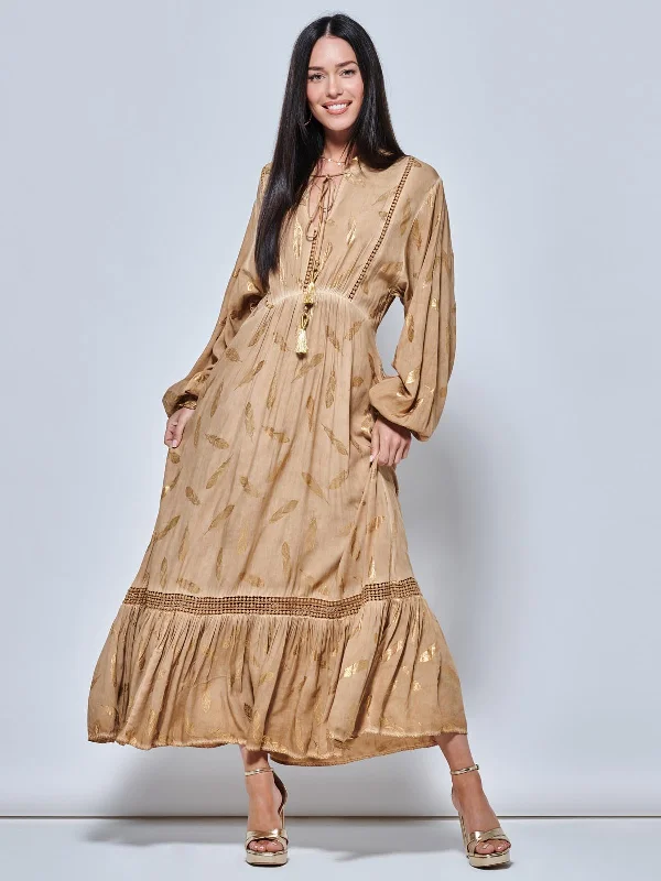 Leather maxi dresses for an edgy and bold appearanceLong Sleeved Lace Trim Holiday Maxi Dress, Khaki Pattern Leather maxi dresses for an edgy and bold appearanceLong Sleeved Lace Trim Holiday Maxi Dress, Khaki Pattern