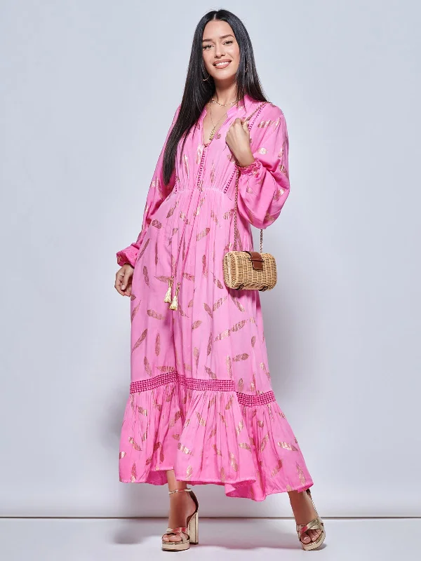 Maxi dresses with side slits for a touch of allureLong Sleeved Lace Trim Holiday Maxi Dress, Pink Multi Maxi dresses with side slits for a touch of allureLong Sleeved Lace Trim Holiday Maxi Dress, Pink Multi