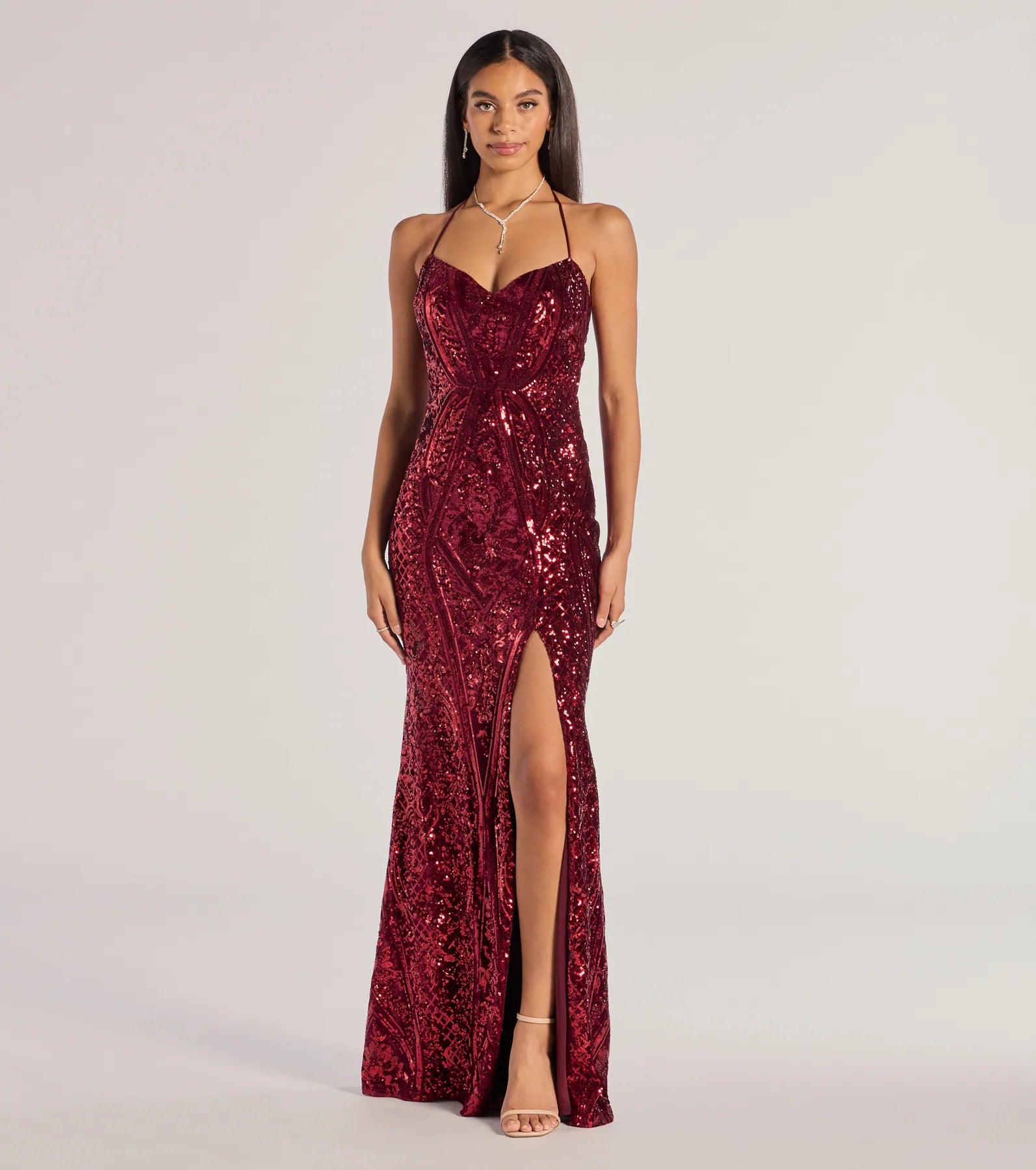 Maxi dresses with a keyhole back for a sexy detailMeara Sequin Velvet Hight Slit Mermaid Dress