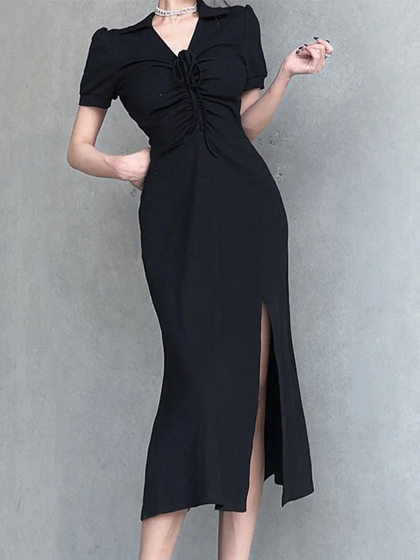 Maxi dresses with a halter neck for a stylish and sophisticated choiceLace Up Slit Knitted Black Maxi Dress