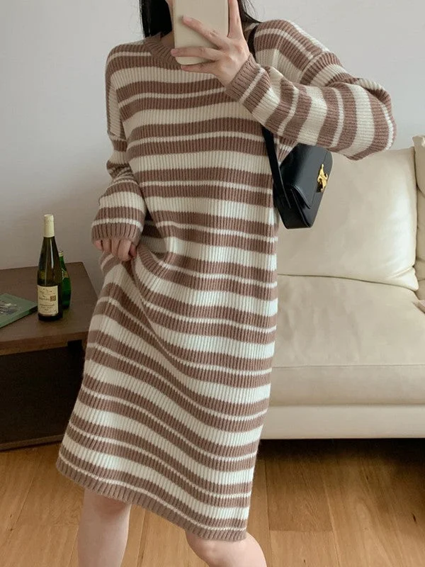 Maxi dresses with thin spaghetti straps for a delicate and feminine feelKnitted Stripe Long Sleeve Maxi Dress