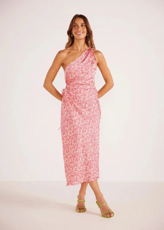 Maxi dresses with bow accents at the waist for a sweet appearanceMINKPINK Alina One Shoulder Midi Dress - Pink Floral ***FINAL SALE***