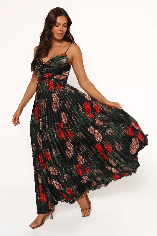 Maxi dresses with a V - neckline for a flattering and elongating shapeNaira Pleated Maxi Dress - Green Floral