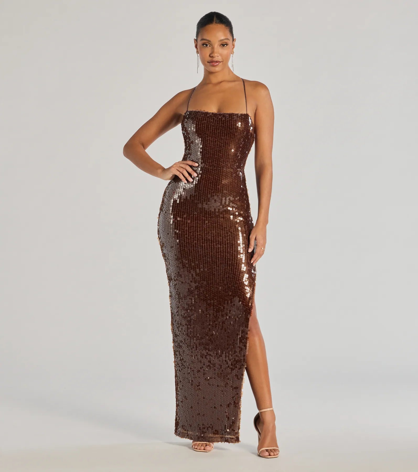 Sheer maxi dresses with lace overlays for a romantic touchNaya Lace-Up High Slit Sequin Formal Dress