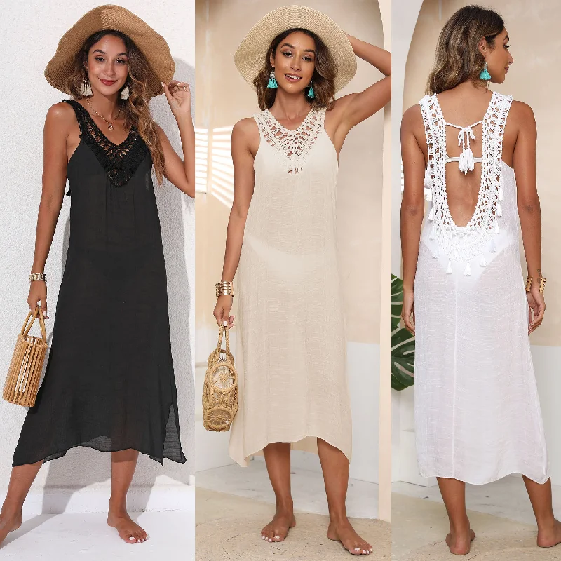 Maxi dresses with a ruffled neckline for a charming lookNew Arrival Ladies Sexy Handmade Crochet Hollow Out Cover Up Holiday Maxi Long Beach Dress