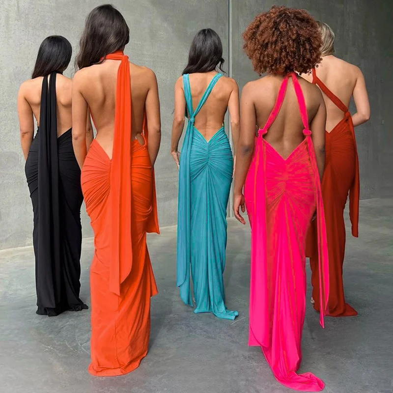 Maxi dresses with a halter neck for a stylish and sophisticated choiceNew Trending Ruched backless Sexy Halter Dresses Sleeveless Bodycon Maxi Long Dress Summer Elegant Dress