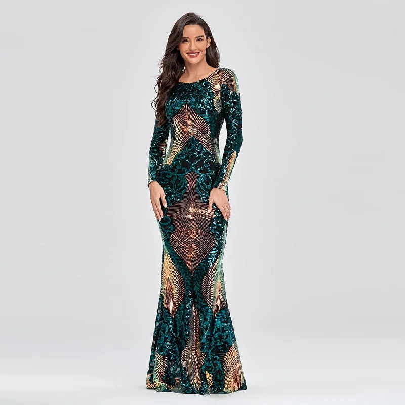 Polyester maxi dresses for easy - care and durabilityBerriesJam - O-neck Long-Sleeve Shinning Sequins Evening Dress