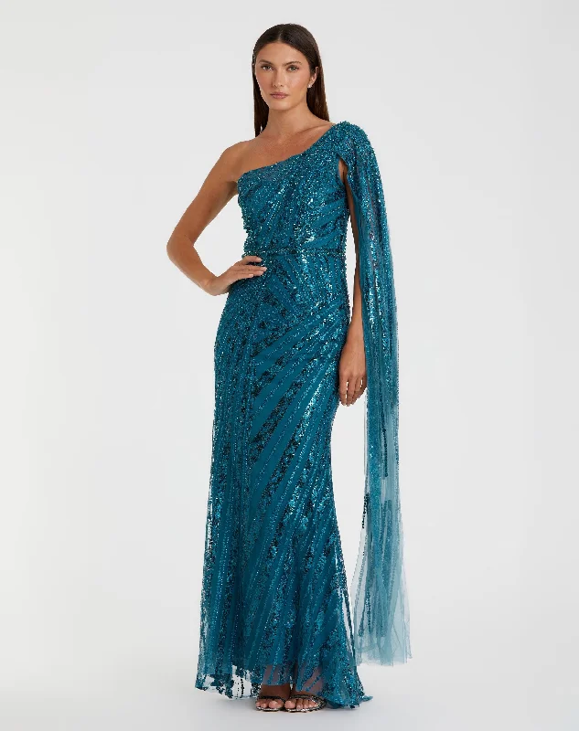 Metallic maxi dresses for a glamorous New Year's Eve partyOne Shoulder Cape Sleeve Embellished Gown Metallic maxi dresses for a glamorous New Year's Eve partyOne Shoulder Cape Sleeve Embellished Gown