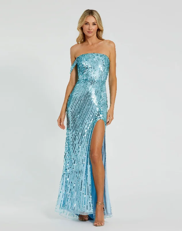 Ruffled maxi dresses with a tiered skirt for added volumeOne Shoulder Mesh Sequin Gown With Slit