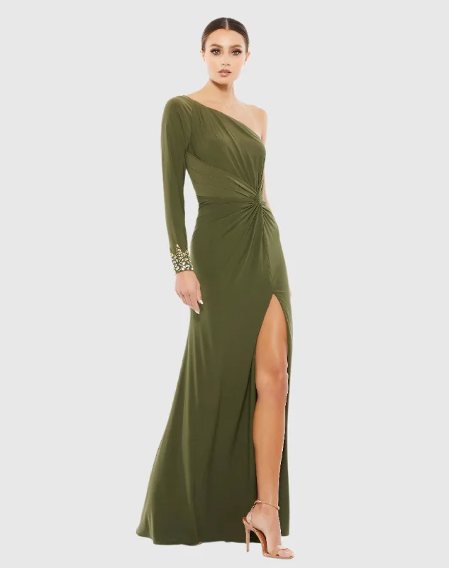 Maxi dresses with thin spaghetti straps for a delicate and feminine feelOne Sleeve Beaded Cuff Side Twist Gown Maxi dresses with thin spaghetti straps for a delicate and feminine feelOne Sleeve Beaded Cuff Side Twist Gown