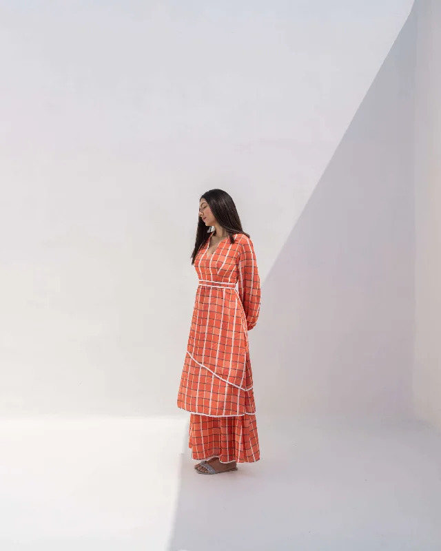 Maxi dresses with a ruffled neckline for a charming lookOrange Checkered Printed Women's 3 tier Maxi Dress