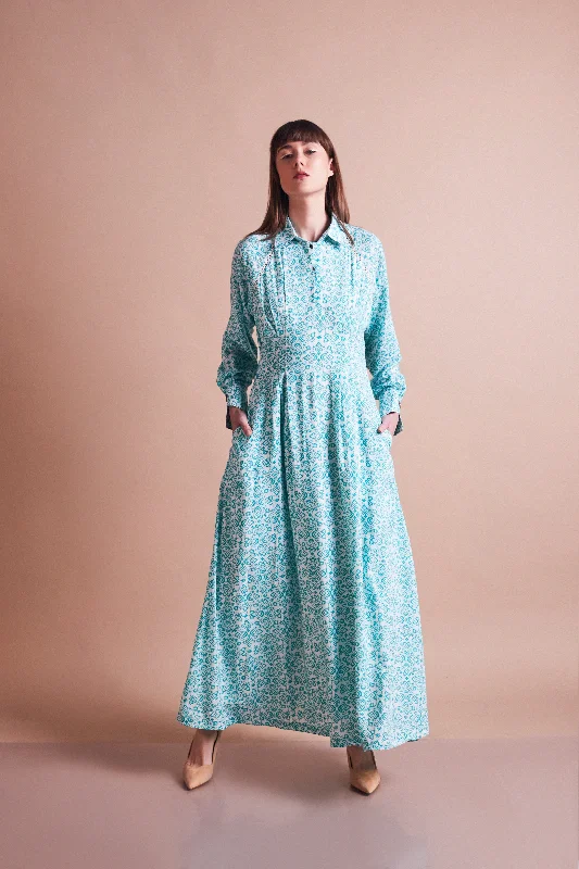 Maxi dresses with bow accents at the waist for a sweet appearanceWomen's Green Printed Shirt Dress