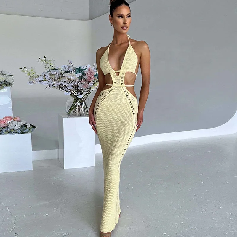 Maxi dresses with pocket details for added functionalityOUDINA Hot Selling Street Summer Fashion Clothing Hanging Neck Hollow Maxi Dress For Women Ladies Dresses