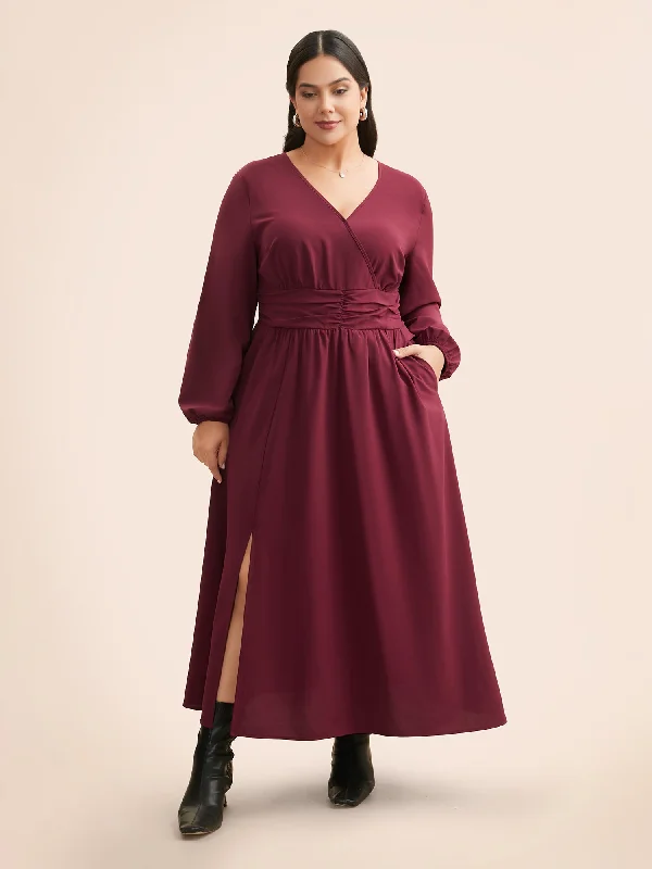 Maxi dresses with a pleated skirt for a timeless and elegant appearanceOverlap Collar Ruched Lantern Sleeve Maxi Dress Maxi dresses with a pleated skirt for a timeless and elegant appearanceOverlap Collar Ruched Lantern Sleeve Maxi Dress