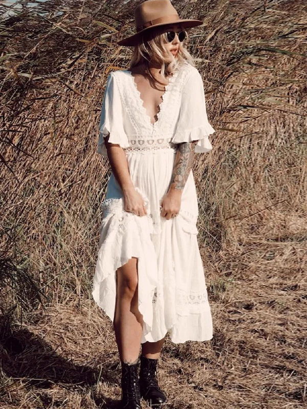 Maxi dresses with a keyhole back for a sexy detailBerriesJam - 2024Patchwork Lace V-Neck Ruffle Sleeve Long Dress