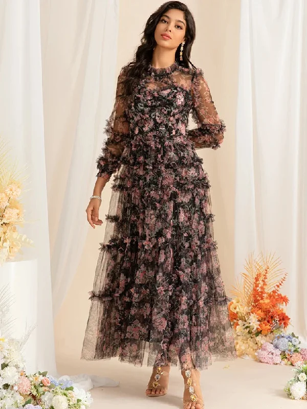 Maxi dresses with an empire waist for a flattering fit on all body typesPrinted Vintage mesh long Dress - WF115