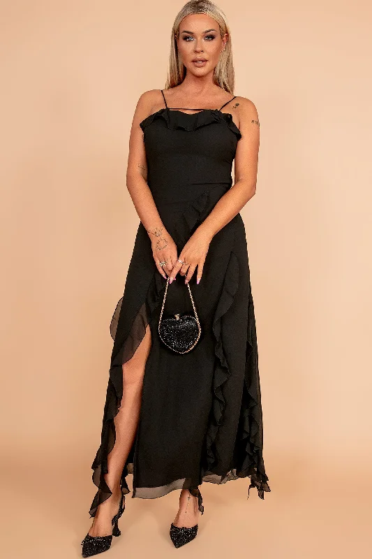 Maxi dresses with geometric prints for a contemporary aestheticRochel Black Chiffon Frill Maxi Dress
