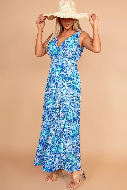 Maxi dresses with bow accents at the waist for a sweet appearanceRoma Blue Animal Print Dress