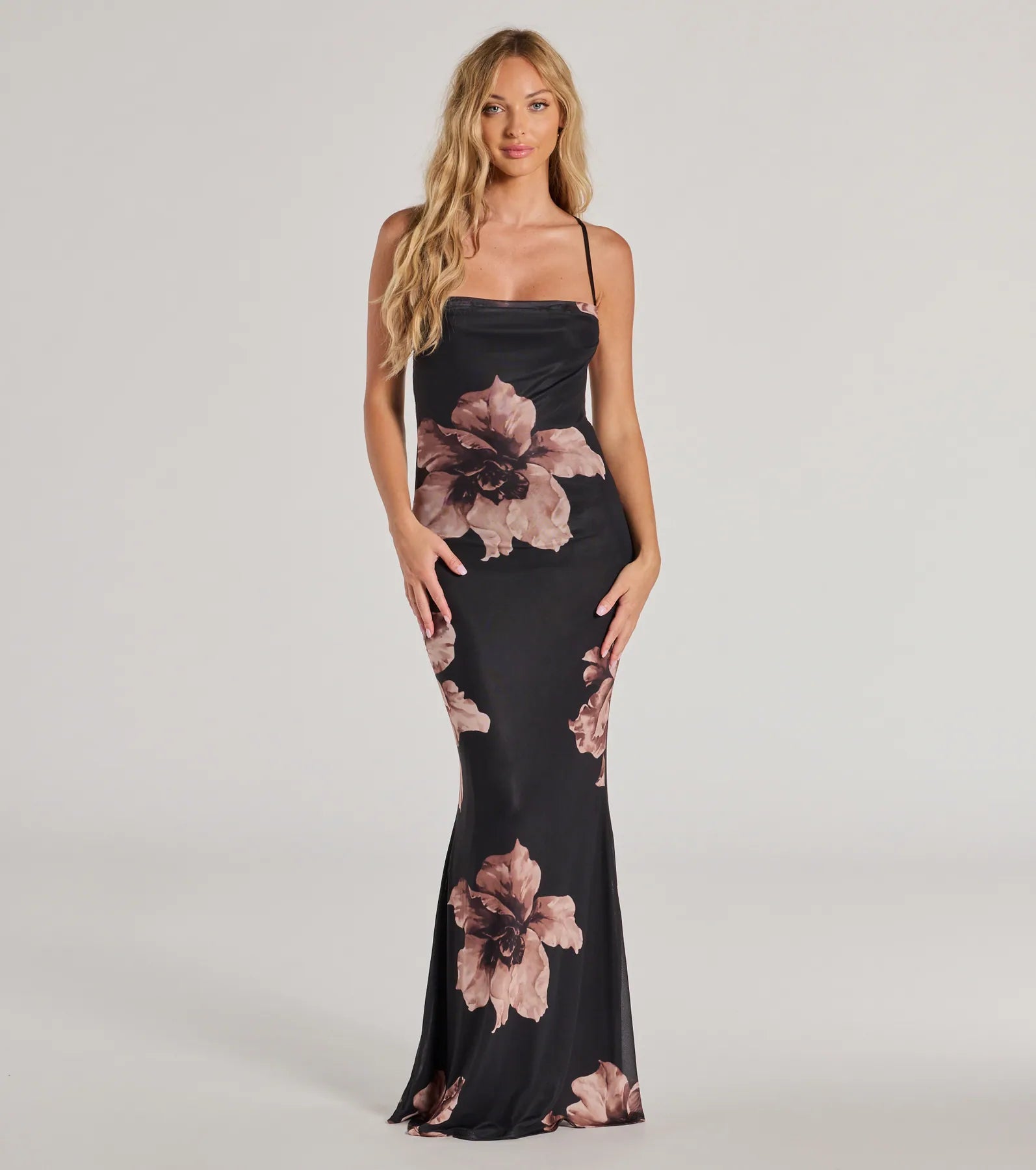 Maxi dresses with a keyhole back for a sexy detailRomance Era Floral Lace-Up Back Long Mermaid Dress