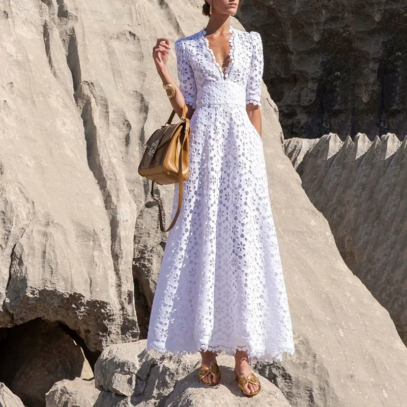 Animal print maxi dresses for a statement - making outfitRopa Por Mayor Retro Style Big Swing Skirt 2022 Summer New Solid High Waist V Neck Hook Flower Hollow Long Dress