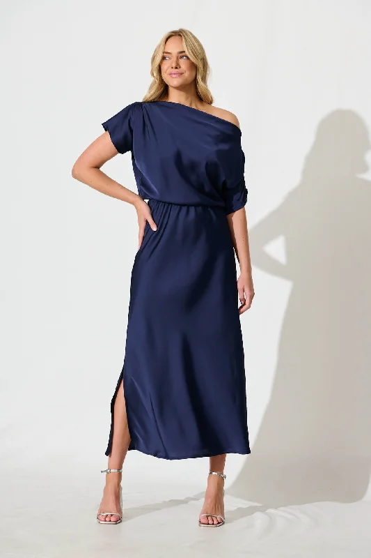 Velvet maxi dresses with long sleeves for winter weddingsSarita Maxi Off Shoulder Dress in Navy Satin