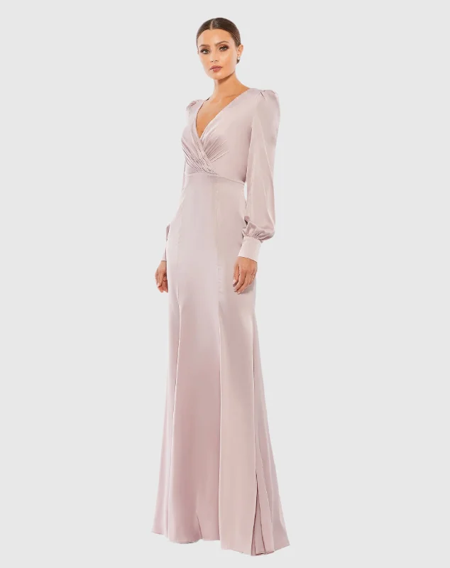 Maxi dresses with cold - shoulder cutouts for a trendy lookSatin Ruched Bishop Sleeve Gown