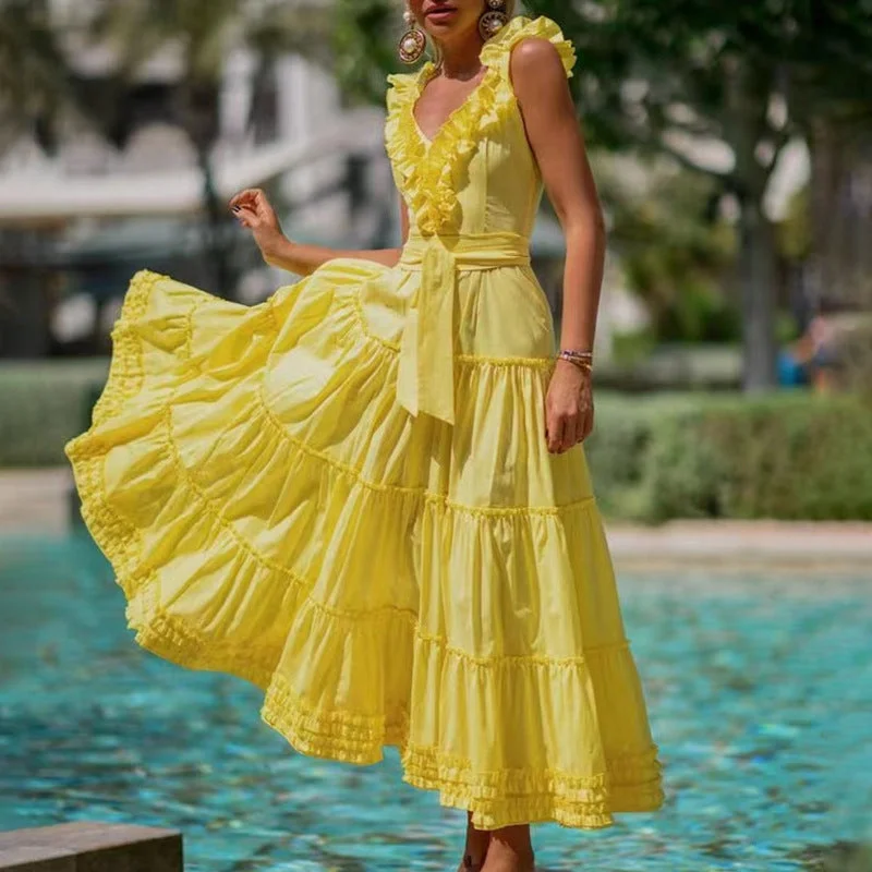 Maxi dresses with geometric prints for a contemporary aestheticSeaside Holiday Style Ruffled Dress 2022 Autumn New Fashion V-neck Sleeveless Lace Decorative Dress Female Maxi dresses with geometric prints for a contemporary aestheticSeaside Holiday Style Ruffled Dress 2022 Autumn New Fashion V-neck Sleeveless Lace Decorative Dress Female