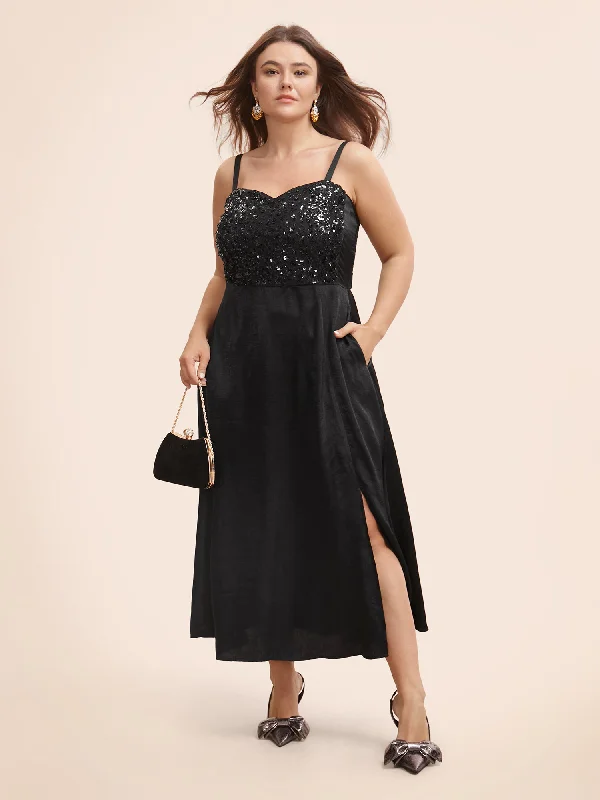 Polyester maxi dresses for easy - care and durabilitySequin Patchwork Split Hem Cami Dress Polyester maxi dresses for easy - care and durabilitySequin Patchwork Split Hem Cami Dress