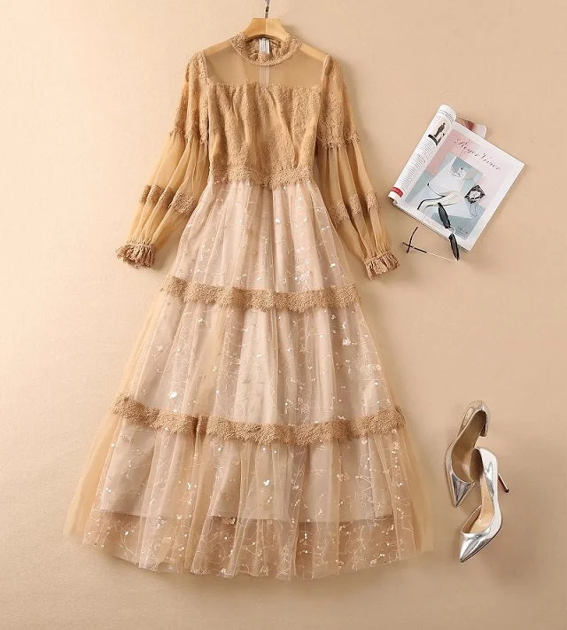 Ruffled maxi dresses with a tiered skirt for added volumeSequined Long Dress 2021 Autumn Winter Party Evening Women Sexy Tulle Mesh Lace Patchwork Long Sleeve Vintage Maxi Dress Festa