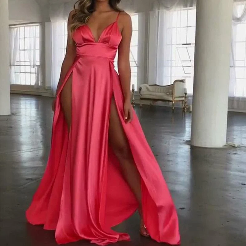 Floral print maxi dresses for summer garden partiesBerriesJam - 2024 Sexy Spaghetti Strap V-neck Satin Maxi Dress