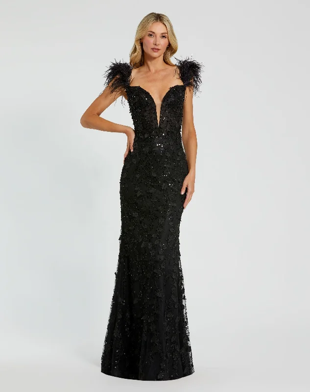 Velvet maxi dresses with long sleeves for winter weddingsSheer Applique Bustier Gown with Feather Straps Velvet maxi dresses with long sleeves for winter weddingsSheer Applique Bustier Gown with Feather Straps