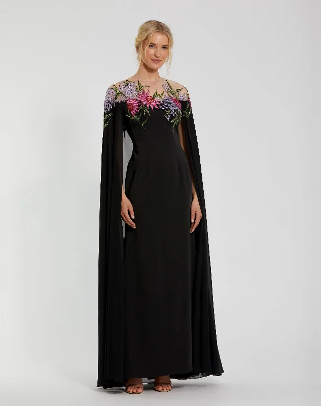 Plaid maxi dresses for fall fashion eventsSheer Cape Gown with Beaded Embroidery