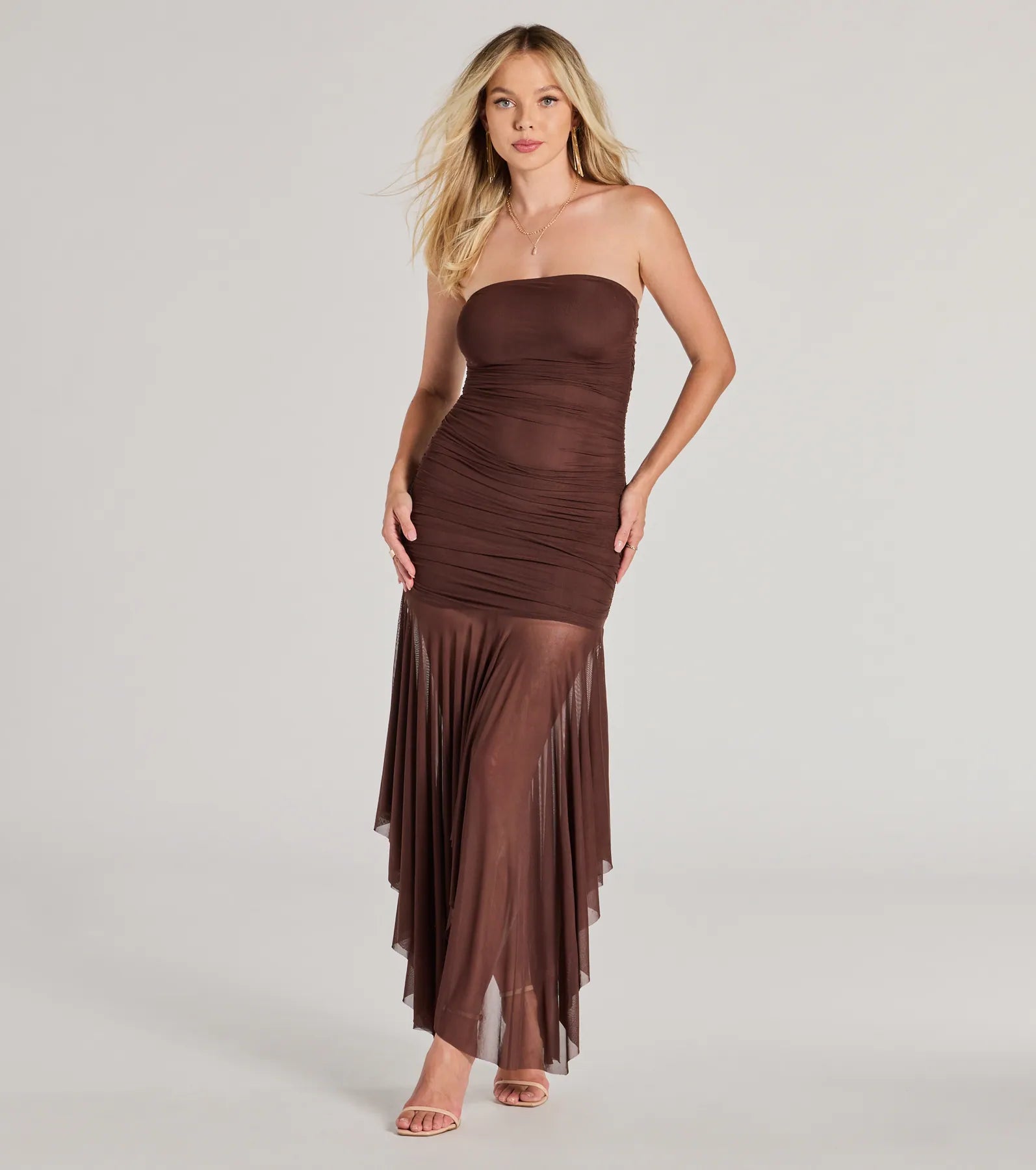 Maxi dresses with a belted empire waist for a more defined and flattering silhouetteSheer Perfection Ruched Maxi Mesh Tube Dress